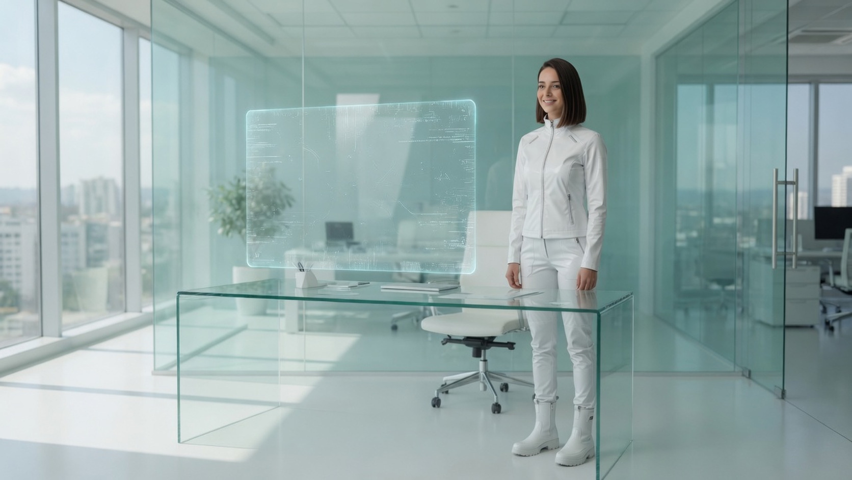 Full-length Sessi standing beside a glass desk with an unlabeled transparent holographic chat pane